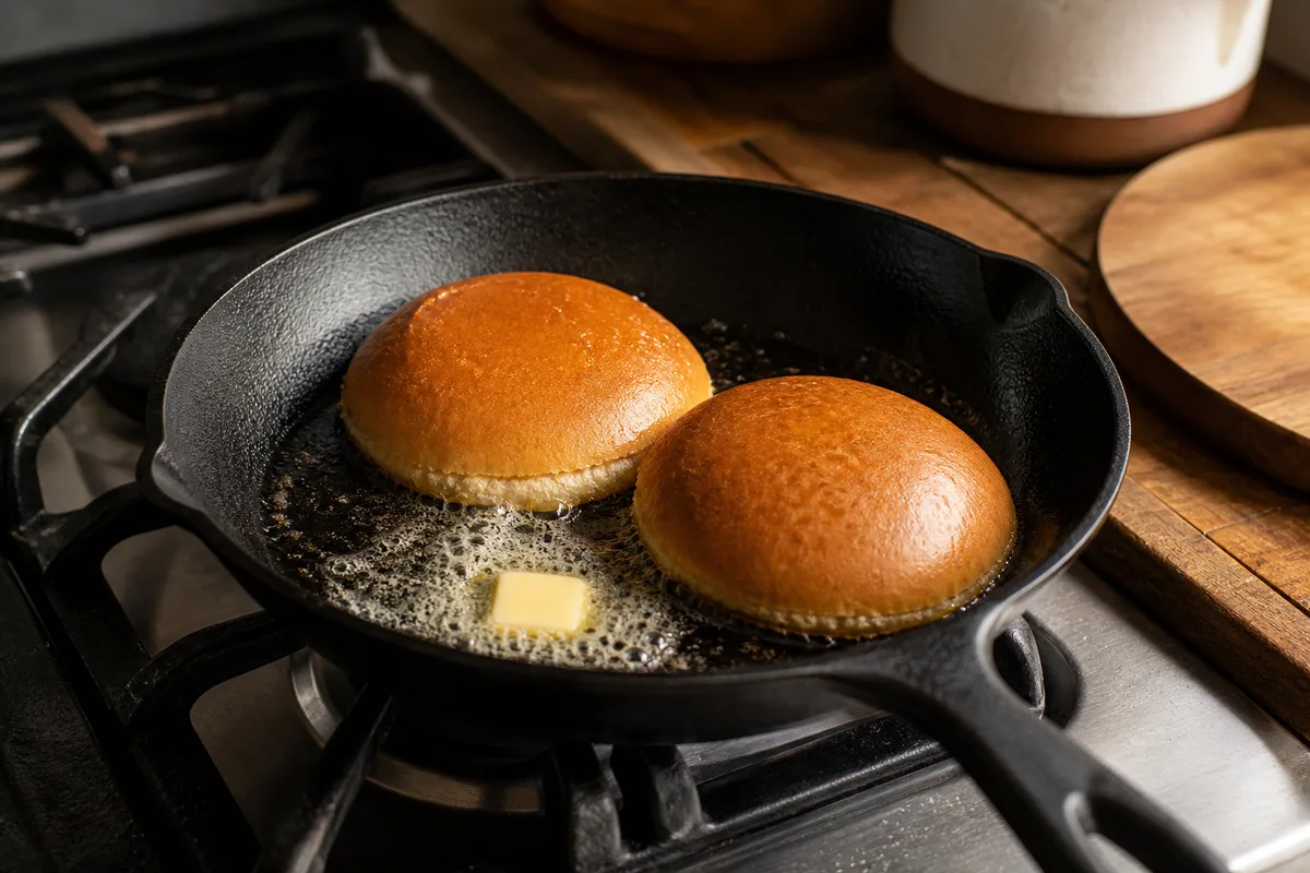 Pain à burger doré à la poêle avec une noisette de beurre